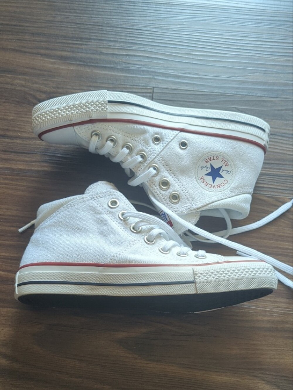 Converse White High Top Sneakers with Red Trim - Picture 2 of 7